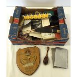 A box of assorted items to include an RAF wooden plaque dated 1946 & knives.