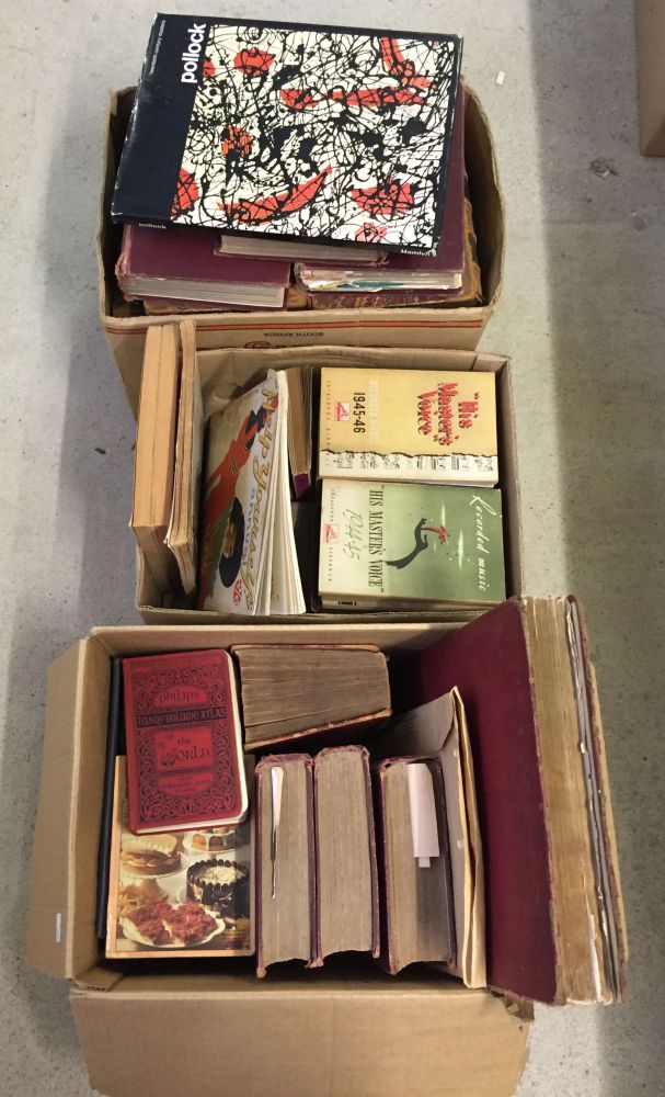 3 boxes of books to include household encyclopedia and a collection of His Masters Voice books.