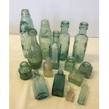 A box of vintage glass bottles to include Codd bottles.