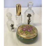 A Stuart Crystal honeysuckle pattern perfume spray, 2 glass perfume bottles with pewter flower