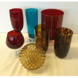 A box of c1970s coloured glassware.