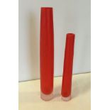 Two red Venetian single stem glass flower vases.