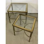 A pair of brass framed, glass top coffee side tables. One 46 x 41 x 42cm, the other 36 x 36 x