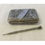 Silver plated cigarette case & pencil.