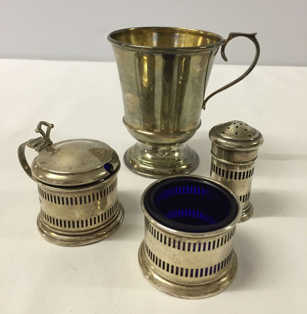 A HM Silver christening mug. Birmingham 1931 (approx 50.5g) together with HM silver salt, mustard