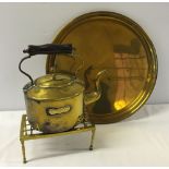 A brass kettle, trivet & tray.