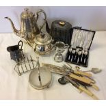A quantity of silver plated items with a pewter jug.