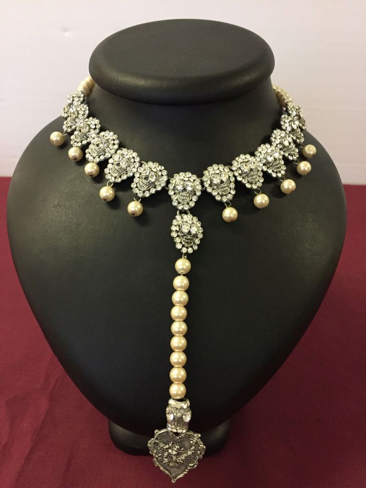 Otazu Classic collection diamante & faux pearl necklace with gothic style skulls and back chain with