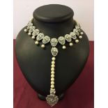 Otazu Classic collection diamante & faux pearl necklace with gothic style skulls and back chain with
