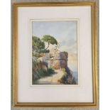 A late 19th century watercolour of an Italian coastal path and stone fort. Unsigned 26 x 19cm.