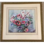 Isobel Wrightson watercolour still life - bowl of poppies & cyclamen flowers. Framed & glazed 38 x