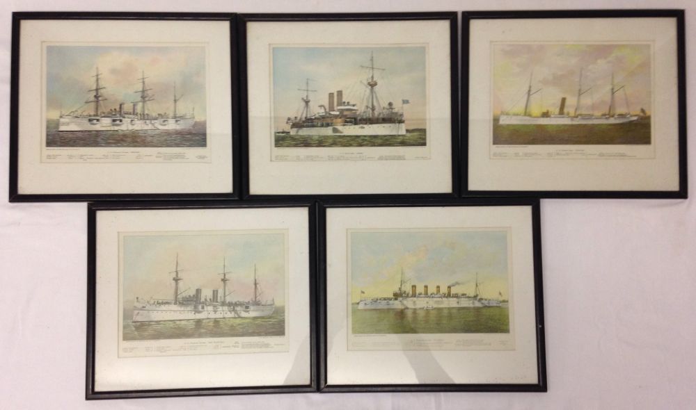 5 late Victorian coloured prints of USA warships. Issued by McPartland & O'Flaherty. Each 31 x