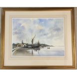 Adrian Taunton large watercolour 'Boatyard on the Orwell'. Framed & glazed, 54 x 74cm. Frame size 87