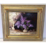Liliane Proux French school oil on canvas 'Lilac' still life, 38 x 46cm. Frame size 59 x 67cm.
