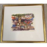 Jonathan Sanders watercolour 'Norwich Stallholders'. Framed & glazed, 20 x 26cm. Frame size 42 x