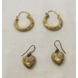 2 pairs of 9ct gold earrings, one hooped pair and a pair of heart shaped drop earrings. Total weight