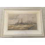 A maritime watercolour by John Syer (1815-1885) believed of Gorleston Harbour. 36 x 62cm. Framed &