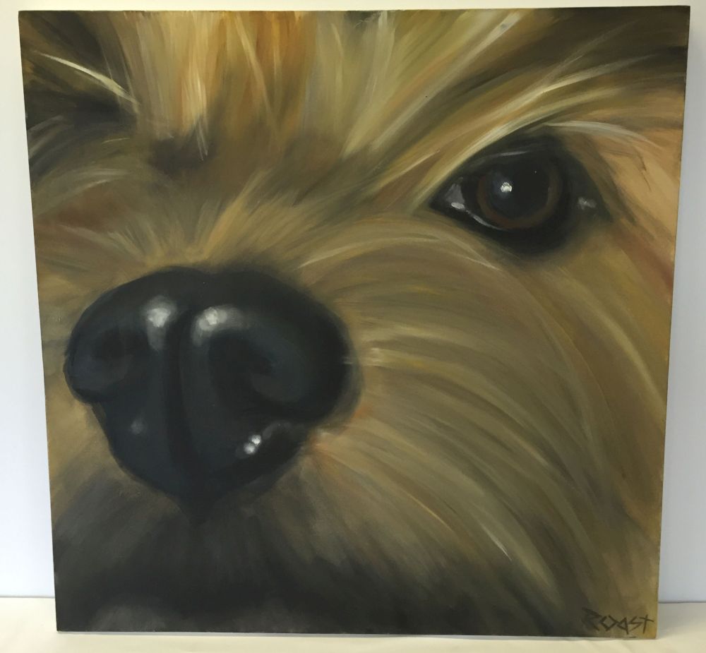 Large oil on canvas face of a yorkshire terrier dog 'Big Basil 2' by Linda Roast 90 x 90cm.