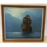 Maritime oil on canvas of a galleon by Keith Aspinall (renowned for aviation subjects) 51 x 61cm.