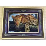 A framed Iranian carpet picture of a Leopard. Hand made in Tabriz, Iran 1999-2000. 50 knots per line