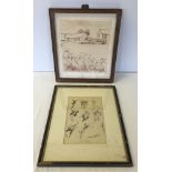 A framed & glazed comical darts print c1930s with a pen and ink sketch of artists sketching dated