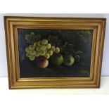 Oil on board still life of fruit. Unsigned. 25 x 37cm. In gilt frame, frame size 36 x 48cm.