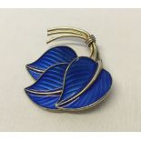 Norwegian silver triple leaf form modernist brooch with royal blue guilloche patterned enamel - by