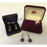 3 pairs of silver drop earrings including one pair with oval red cabouchons together with a boxed