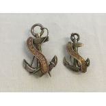 2 silver & gilt Royal Navy sweetheart brooches in the form of fouled anchors 'HMS Assistance'