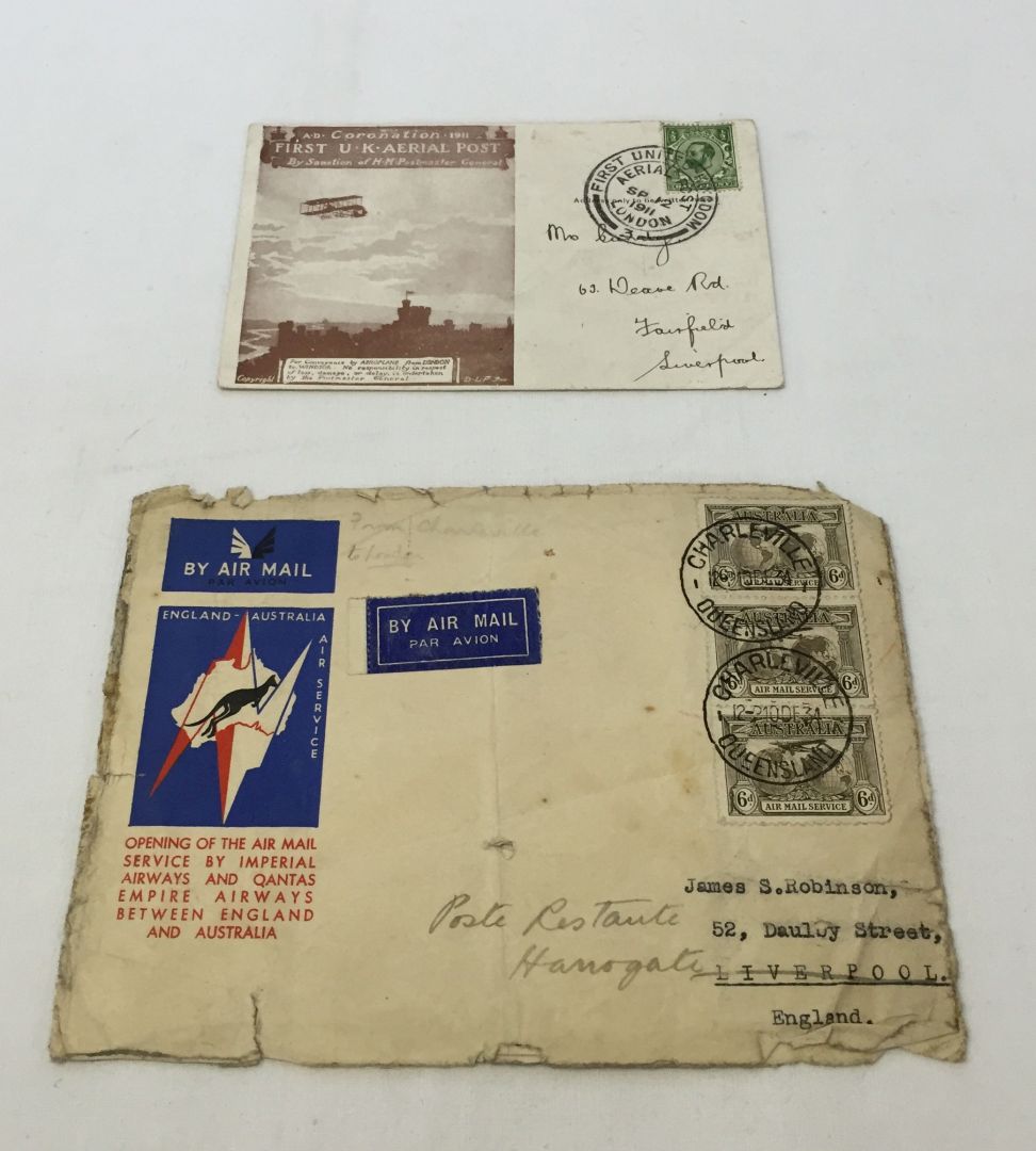 2 first day covers: 1) 1911 First UK Aerial Post. 2) 1934 England to Australia Air Mail.