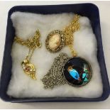 2 costume jewellery gold tone pendants & chains with a silver Kingfisher pendant & chain.