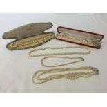 5 sets of vintage faux pearls to include diamante clasp and a clasp that converts to a brooch.