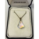 A boxed Sherwood hand crafted crystal drop pendant on a sterling silver 18 inch chain.