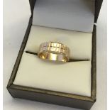 9ct gold wedding band with tiled decoration. Size M, approx 3.6g.