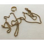 9ct gold scrap - 2 broken rope chains and a ring cut-through. Approx weight 11g.