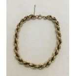 9ct gold rope bracelet. 8 inches, approx 6.9g (safety chain broken).