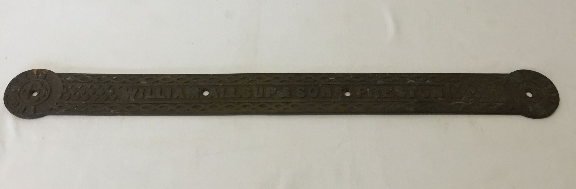 An antique brass Engineers & Shipbuilders plaque bearing the name 'William Allsup & Son, Preston'.