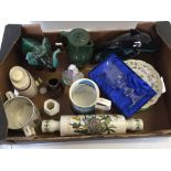 A box of mixed ceramics to include Poole, Port Merion and Coalport.