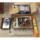 A vintage toy garage with lights, a box of assorted diecast cars and a box for spares/repair.