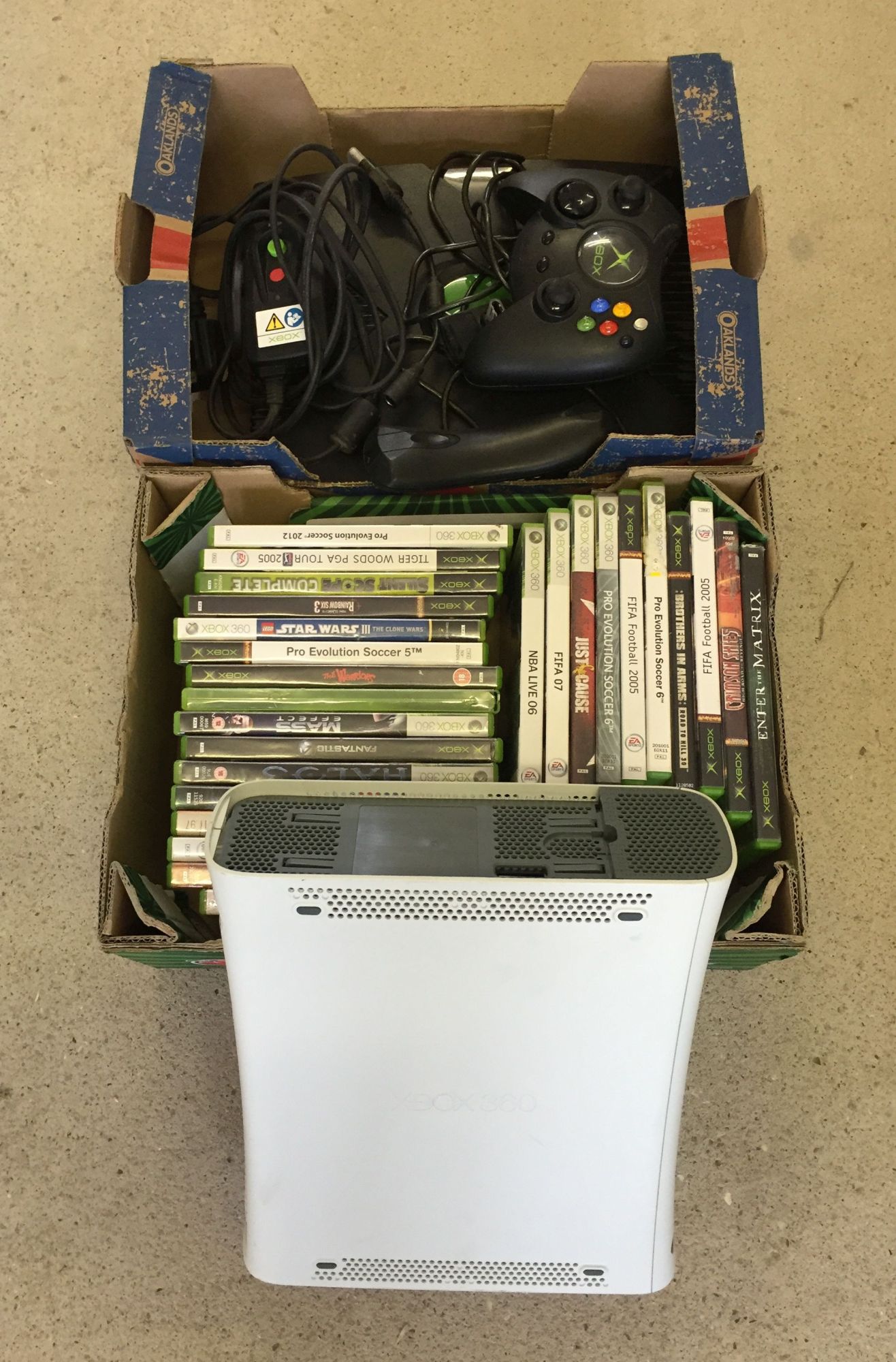 An unboxed XBOX console with controller, remote & power leads (no video leads) together with an Xbox