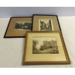 2 signed engravings 'The Shambles York' and 'Flatford Bridge' together with a sepia watercolour of a