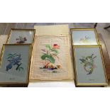 4 framed and glazed cross-stitch pictures of birds together with 2 unframed vintage silk