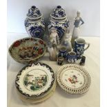 A box of misc china to include: Masons, Victoria Ironstone and blue & white Jasperware.