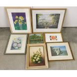 A collection of 7 pictures to include limited edition signed prints, watercolours and oils.