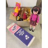 A boxed Palitoy "Michelle" walking & talking doll. 32 inches tall together with a box of soft toys