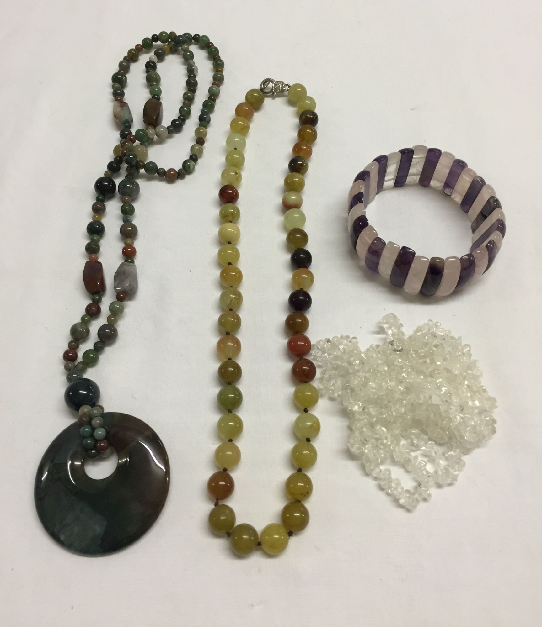 2 agate & natural stone necklaces together with a quartz necklace and an amethyst rose quartz