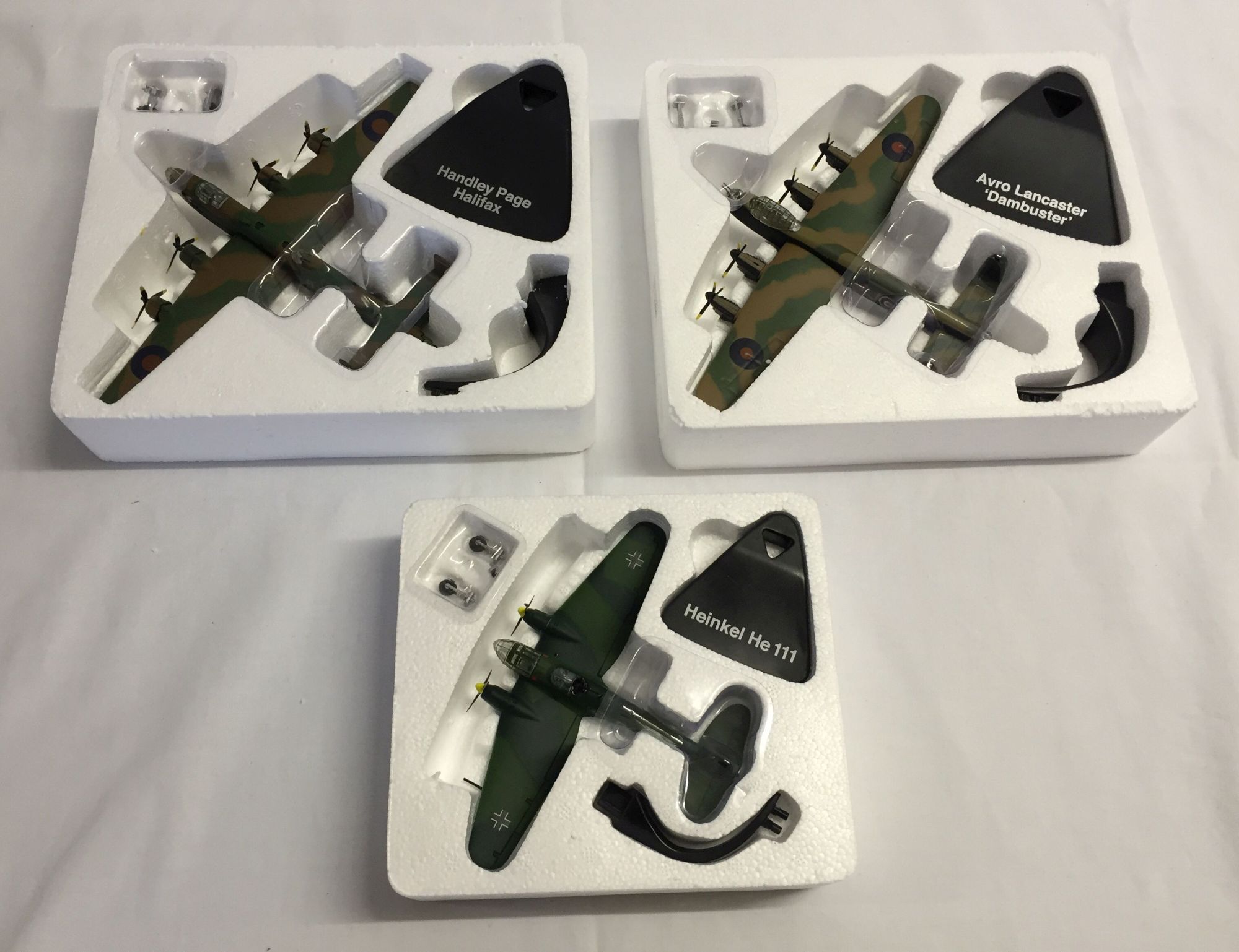 3 boxed Atlas Editions military planes: 1) Dambusters Avro Lancaster, 2) Handley Page Halifax & 3)