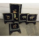 4 small & 1 large black lacquer panels with mother of pearl inlay and soapstone animals. Small: 48 x