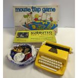 A box of toys & games to include vintage Subbuteo, Supertouch 80 childs typewriter, Mouse Trap
