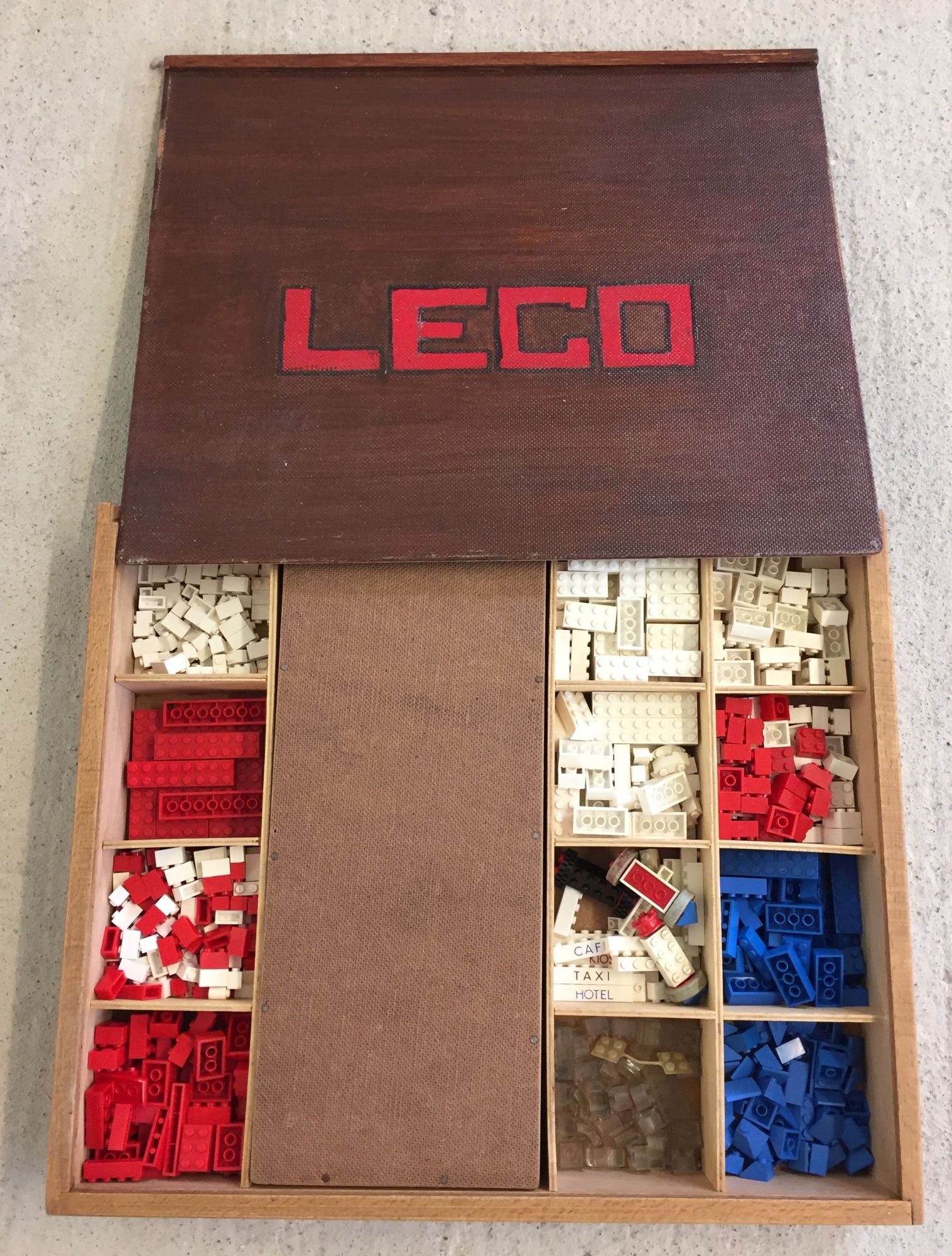 A box of c1960-70s playworn Lego.